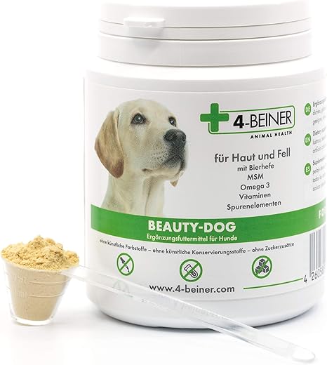 4-legged beauty dog, multi-vitamins for dogs with MSM, omega 3, vitamin B complex, vitamin C, biotin, brewer's yeast, milk thistle, black cumin oil, zinc, iodine, selenium