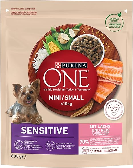 PURINA ONE Mini/Small Delicate Dry Dog Food for Small Dogs, Rich in Salmon and Rice, Pack of 8 (8 x 800 g)