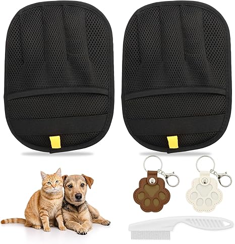 ZABARE Pet Hair Remover Gloves, Pack of 2 Upgraded Detection Electrostatic Thickening Gloves (2 Gloves with 2 Animal Hair Keyrings, 1 Comb) for Clothes, Sofa, Carpet