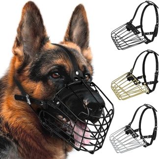 BUDKAS German Shepherd Dog Muzzle Metal Basket for Medium Large Dogs Adjustable Durable Leather Straps Secure Wire Mask for Biting Chewing Barking (Black, M - Size)