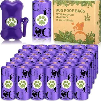 Amzeeniu Dog Poo Bags, 540 Bags, 36 Rolls Bags, Dog Waste Bags, Includes 1 Dispenser, Drip-Proof Dog Bags, Dog Poo Bags, 15 Bags per Roll, Easy to Tear Off Purple Corgi Pattern Dog Bags