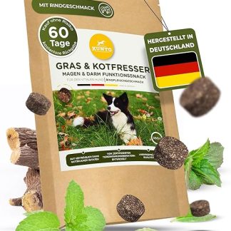 KUNTO® Grass and droppings for dogs for stomach protection, supports digestion and helps against heartburn, with beef flavour, high acceptance, with natural herbs (1 x 350 g)