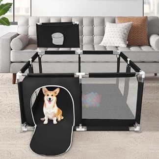 Puppy Playpen with Door, Puppy or Small Dog Playpen, Heavy Duty Thick Fabric Mesh Fence, High Resistance, Machine Washable, Indoor/Outdoor, 126 x 126 x 66 cm