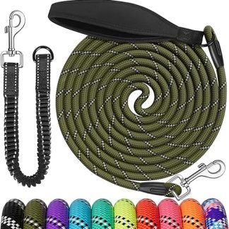 Aystkniet Bungee Recall Lead for Dogs, 3 m, 5 m, 9 m, 10 m, 15 m, 20 m, 30 m, Shock-Absorbing Dog Lead with Padded Handle, Reflective Threads, Lockable Hook for Medium Large Dogs