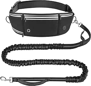 Looxmeer Jogging Lead Dogs with Belly Strap, Hands-Free Dog Lead for Large and Medium Dogs with Dual Handles, Reflective Running Lead, Belly Strap, Dog Lead for Jogging Running, 1.6-2.2 m, Black