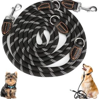 Dog Lead for Large and Medium Dogs - Adjustable Double Nylon Lead with 2 Carabiner Hooks and 3 Rings - 3 m x 15 mm - Black