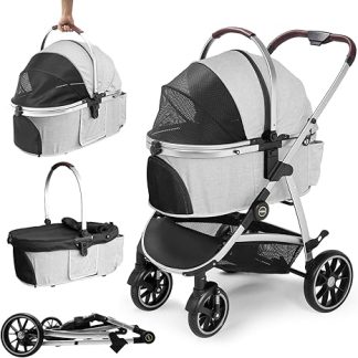 DAISTERN Dog Buggy Foldable up to 25 kg, Dog Trolley Foldable with Aluminium Alloy Frame, 360° Rotating Rubber Tyres, Rear Brakes, Safety Lead and Comfortable Seat Cushion, Grey