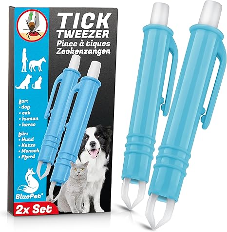 BluePet 2 x automatic tick tweezers as reliable tick tweezers for dogs, cats, horses and people, perfect tick remover for any tick emergency set