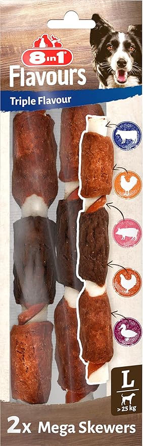 8in1 Triple Flavour Mega Skewers Large Chew Sticks for Dogs - Chews with Extra Meat, 160 g Bag (Pack of 2)