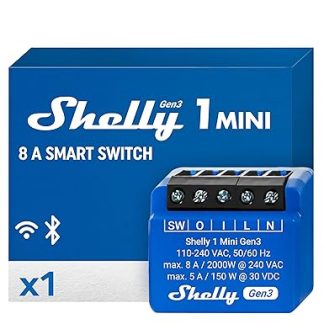 Shelly 1 Mini Gen3 WiFi Smart Relay Switch with Potential-Free Contacts 1 Channel 8A Light Control and Garage Door Opener Alexa and Google Home iOS Android App No Hub Required