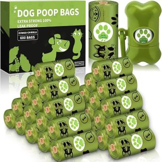 Frasheng Dog Waste Bags, Dog Waste Bags with Fragrance, 24 Rolls (600 Bags + 1 Dispenser), Compostable Waste Bags for Dogs Made of Corn Starch, Tear-Resistant, Extra Thick, Green