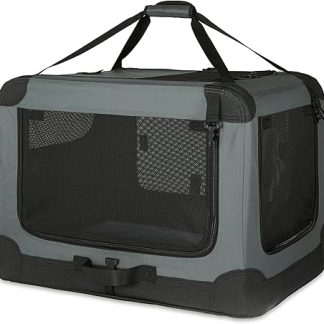 Amazon Basics 4 Door Folding Travel Kennel for Dogs, Cats, Rabbits & Other Small Animals, Grey, M 76 cm x 54 cm x 54 cm