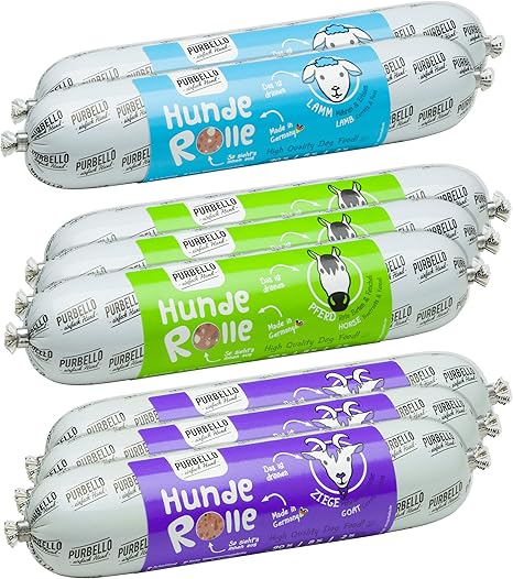 PURBELLO Dog Roll Wet Food Mix Pack I - 3 x Horse, 3 x Goat, 2 x Lamb - Monoprotein Dog Food with High Meat Content - Dog Sausage Cut Resistant and Grain-Free (8 x 400 g)
