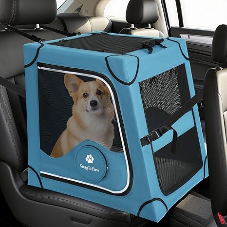 Snagle Paw Foldable Transport Box, Sturdy Transport Box Dog Rear Seat with Headrest Strap, Metal Frame Travel Box for the Car Back Seat for Medium/Large Dogs, Dog Box with Mesh Doors and Soft Padding