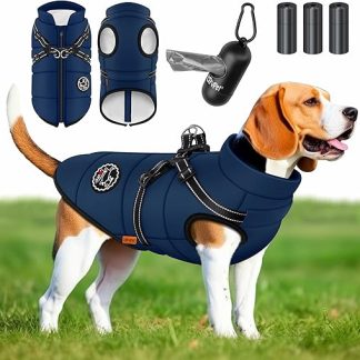 LOVPET® Dog Jacket with Harness, Includes 45 Poop Bags + Dispenser, Dog Winter Vest Lined Waterproof Padded Vest with Chest Strap, Reflectors, D-Ring 5XL, Navy Blue