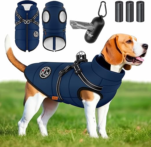 LOVPET® Dog Jacket with Harness, Includes 45 Poop Bags + Dispenser, Dog Winter Vest Lined Waterproof Padded Vest with Chest Strap, Reflectors, D-Ring 5XL, Navy Blue