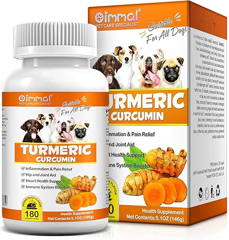 JSBNQRMZ Curcumin for Dogs, 180 Tablets, Joints & Digestion, Anti-Inflammatory with Curcumin and Piperine, High Dosage, Natural Without Chemicals