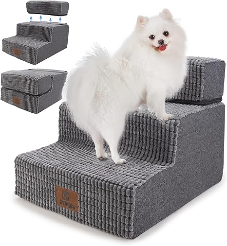 Sytopia Dog Stairs, 40 cm High, 3 Steps, Dog Stairs for Bed and Sofa for Small Dogs, Pet Stairs, Washable, Foam Stairs, for Injured Older Dogs (34 cm Height, Grey)