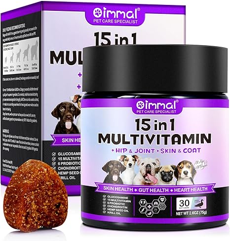 15 in 1 Dog Multivitamin Treats, to Support Health - Skin, Hip and Joints, Intestinal Health, Multivitamin Chewable Tablets for Dogs of All Breeds (30 Duck Flavoured Chews)