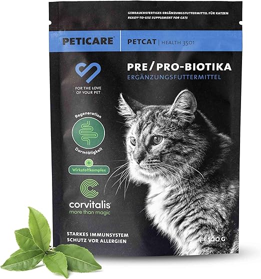 Peticare Cat Prebiotics & Probiotics | Strengthen Immune System, Intestinal Cleansing, Intestinal Flora Building | Relieves Allergy Susceptibility & Itching | with Innovative Corvitalis® Complex -