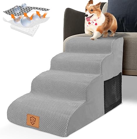 HEVOL Dog Stairs for Small Dogs, 4-Step Pet Staircase Made of Foam with Waterproof Cover, Removable Dog Ramp, Cat Stairs for Sofa, Bed, Includes 1x Lint Roller
