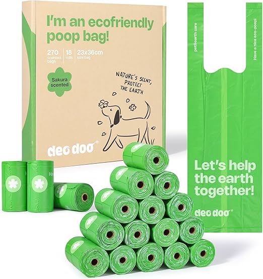 Biodegradable Dog Waste Bags with Handle, Waste Bags for Dogs with Fragrance, 270 Pieces, 18 Rolls, Dog Poop Bags Made of Recycled Materials, 50% Starch, Leak-Proof