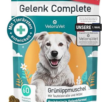 VeloraVet Grünlippmuschel Gelenktabletten Hund – HOCHDOSIERT mit Grünlippmuschelpulver, MSM, Teufelskralle, Glucosamin & Kollagen – Keine Kapseln, hohe Akzeptanz – Gelenk- & Knochenschutz – 60 Stück
