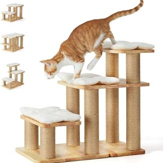 FUKUMARU Dog Stairs, 3 Steps Pet Stairs, Cat Stairs Made of Natural Rubber Wood and Jute, 18-51 cm Adjustable Height, Holds up to 90 kg, Plush Cushion Washable, 6 Combination Options