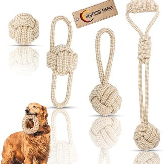 Petaureus Rope Toy Balls Natural Cotton and Hemp Set of 4 Dog Toys for Large Dogs and Puppies