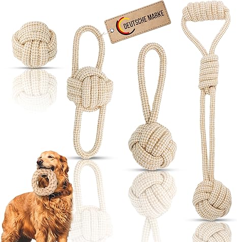Petaureus Rope Toy Balls Natural Cotton and Hemp Set of 4 Dog Toys for Large Dogs and Puppies