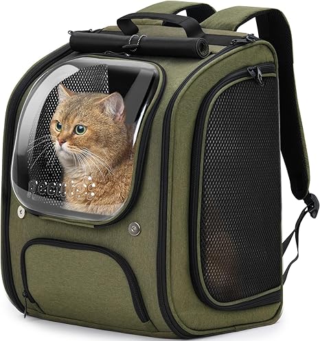 pecute Cat Backpack Bubble Pet Backpack with Mesh Window, Portable and Foldable Cat Bag, Breathable and Lightweight Dog Bag for Dogs Cats Pets, Dark Green (42 x 32 x 26 cm)