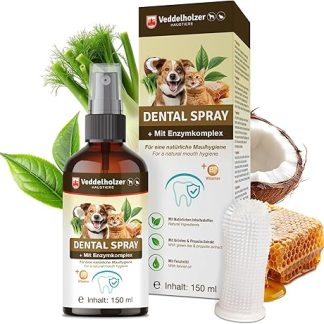 Veddelholzer 150 ml Probiotic Dental Spray Set for Dogs & Cats with Finger Toothbrush & Enzyme Complex Dental Care Tartar Remover Effective Against Bad Breath Natural Dental Care as Spray