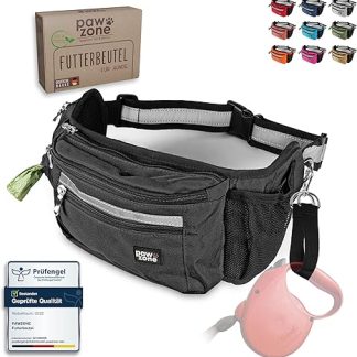 PAWZONE Dog Food Bag - Treat Bag for Dogs - Bum Bag for Dogs Accessories - Treat Bag for Dogs - Includes Reflective Band and Additional Strap for Flexible Lead (Black)