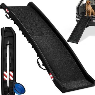 CADOCA® Dog Ramp Car Foldable 90 kg Compact 156 x 40 cm Carry Handle Safety Bar Reflectors Drinking Bowl Dog Cat Non-Slip Lightweight Entry Aid
