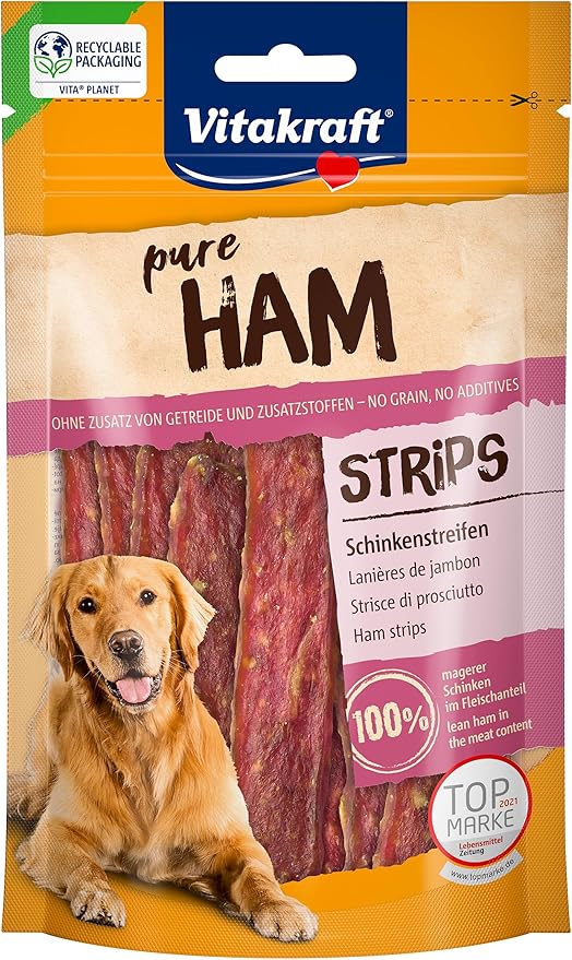 Vitakraft Pure Ham Strips, Dog Treats, Ham Strips with Pork, Dog Training Treat, No Added Sugar (1 x 80 g)