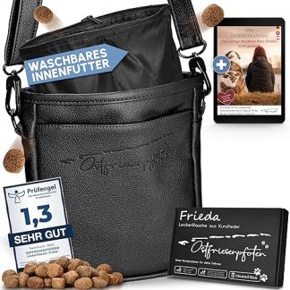 Ostfriesenpfoten® 'Frieda' Dog Treat Bag Made of High-Quality Faux Leather, Black, Size L, Food Bag with EasyOpen One-Handed Magnetic Closure, Dog Treat Bag