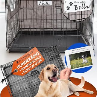 PFOTENWUNDER Dog Cage for Home, Mesh Box Dog in 3 Sizes, 2 Doors + 1 Cover, 1 Training Book, Pet Transport Box, Dog Transport Cage, Foldable, Dog Transport Box, Car Wire Cage (107 x 71 x 77.5 cm)