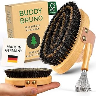 BUDDY BRUNO® Dog Brush Short Hair with 100% Natural Bristles, Fur Brush for Daily Grooming, Premium Curry Comb for Dogs and Cats Brush, Includes Brush Cleaner, Made in Germany