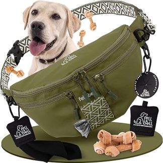 fell&bell Dog Treat Bag - Waterproof Treat Bag with 2 Snack Compartments, 1.8 L Main Compartment, Mobile Phone Pocket & Waste Bag Dispenser | Food Bag Dog Training & Dog Bag for Puppies Accessories