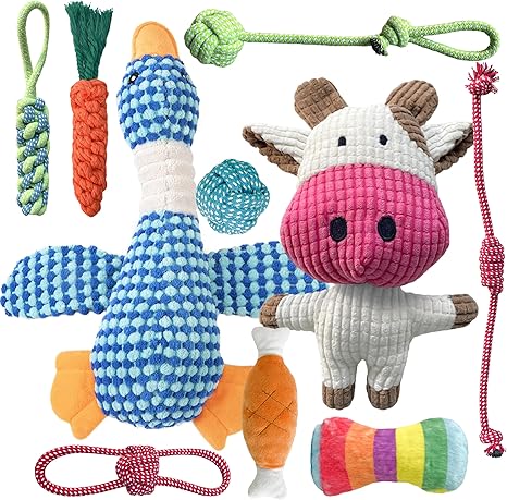 SUNFATT Dog Toy Small Dogs, Pack of 10 Puppy Toys for Small Dogs, Squeaky Toy and Chew Toy Dog Toy Set, Washable Natural Cotton & Non-Toxic