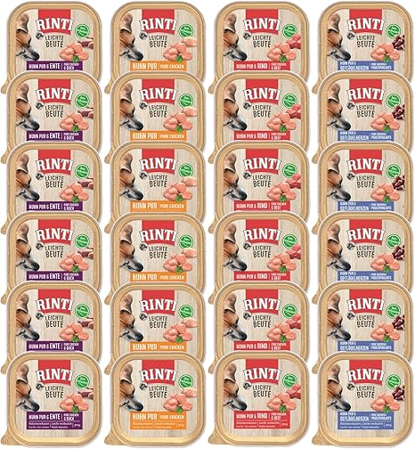 Rinti Light Prey Mix Pack | 24 x 300 g Bowl | 4 Varieties: Chicken, Duck, Poultry Hearts, Beef | Calorie Reduced Wet Food for Dogs | Grain-Free & Low Fat | Easy to Digest