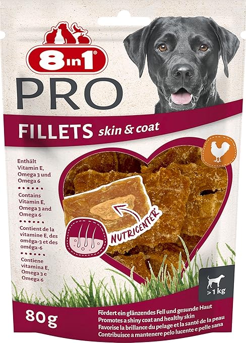 8in1 Pro Fillets Skin and Coat - Dog Snack with Chicken, Functional Treats for Adult Dogs, Enriched with Salmon Oil, 80 g Bag