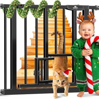 KIDIZ Barrier for Clamping with Cat Flap, Door Safety Gate, Autoclose Children's Stair Gate No Drilling 90° Stop Protection, Swivelling, Stair Gate, Black, Width: 74-80 cm