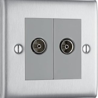 BG Electrical NBS61-01 Double Coaxial Socket, Brushed Steel, 0.8 x 3.4 x 3.4 Inches