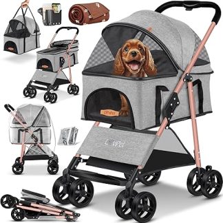LOVPET Dog Pram 2-in-1 Dog Buggy Dog Box Carry Bag Foldable up to 20 kg with 360° Rotating Wheels Includes Mesh Windows Drink Holder Rain Cover & Cuddly Blanket Jogger Buggy for Pets