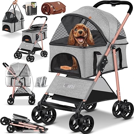 LOVPET Dog Pram 2-in-1 Dog Buggy Dog Box Carry Bag Foldable up to 20 kg with 360° Rotating Wheels Includes Mesh Windows Drink Holder Rain Cover & Cuddly Blanket Jogger Buggy for Pets