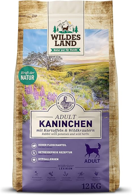 Wildes Land - No. 4 Rabbit - 12 kg - With Potatoes And Wild Herbs - Gluten Free - Dry Food For Dogs - High Meat Content - High Compatibility