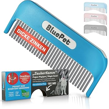 BluePet Reinforced Magic Comb Patented with Rotating & Yielding Teeth - For Long Hair Dogs and Cats - Removes Knots and Detangles Fur - Also for Humans