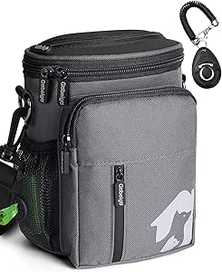 Gobeigo Dog Treat Bag for 8 Dogs, 3 Carrying Ways - Built-in Poop Bag Dispenser - Large, Mobile Phone - Grey and Black