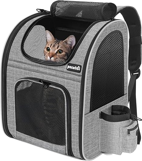 Pecute Pet Backpack with Mesh Window, Portable and Foldable Cat Bag, Breathable and Lightweight Dog Bag, Waterproof Oxford Cloth with Plenty of Space, Multifunctional Non-Slip Grey 6 kg